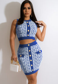 Women Round Neck Sleeveless Geometric Pattern Top and Skirt Two-Piece Set