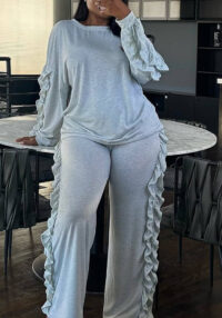 Women Ruffled Casual Long-Sleeved Top and Pants Two-Piece Set