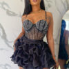 Women Sexy Beaded Stretch Camisole Cascading Ruffles Dress Tutu