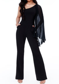 Women Sexy Black Stretchy Color-Block One-Shoulder Jumpsuit