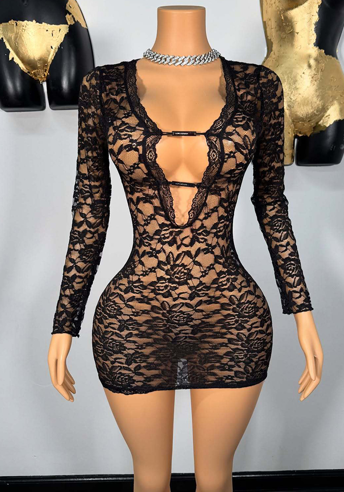 Women Sexy Lace Hollow Bodycon Dress