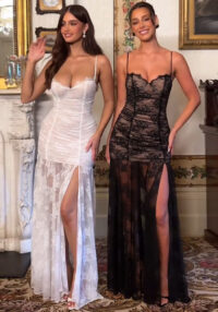 Women Sexy Lace Patchwork Gathered Backless Slit Mesh Maxi Strap Dress