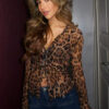 Women Sexy Leopard Print Long-Sleeved V-Neck Lace-Up See-Through Shirt Top