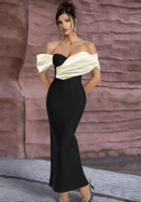 Women sexy off-the-shoulder strapless contrasting patchwork formal party dress