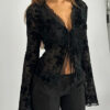 Women Sexy See-Through Lace Ruffle Bell Bottom Sleeve Top