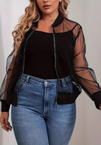 Women Sexy See-Through Zipper Long-Sleeved Mesh Jacket
