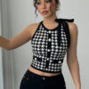 Women Sexy Sleeveless Top Houndstooth Slim Halter Neck Tie Waist Black Crop Top