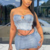 Women Sexy Strapless Denim Top Slit Mini SkirtTwo Piece Set