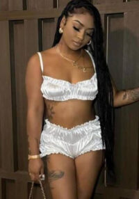 Women sexy suspenders Strapless Top and Ruffle Edge Shorts Two Piece Set