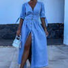 Women Sexy V-Neck Button Denim Dress