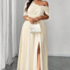 Women Slash Shoulder French Solid Off-The-Shoulder Slit Dress