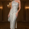 Women Solid Sequined Slash Shoulder One-Shoulder Waist-Slit Dress