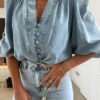 Women Spring/Autumn Casual Lantern Sleeve V-Neck Denim Shirt