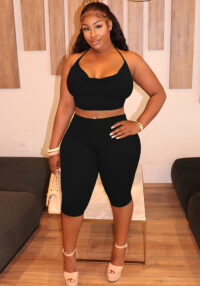 Women Spring/Summer Halter Neck Lace-Up Crop Top and Solid Capri Two-Piece Set