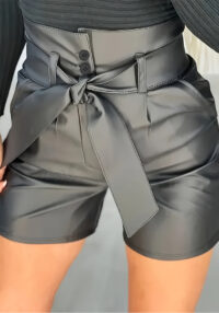 Women street style sexy PU-leather lace-up shorts
