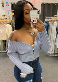 Women Stretch Button Long Sleeve Sweater