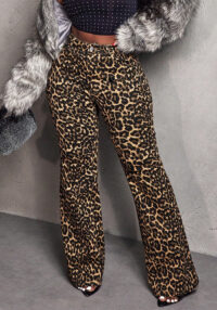 Women Stretchy Leopard Print Bell Bottom Denim Pants