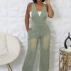 Women Stretchy Washed Denim Strapless Wide-Leg Jumpsuit