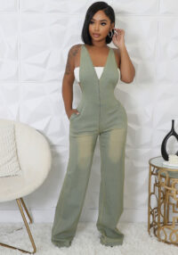 Women Stretchy Washed Denim Strapless Wide-Leg Jumpsuit