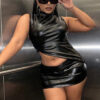 Women Summer Black Pu-Leather Stand Collar Sleeveless Pleated Irregular Top and Bodycon Skirt Two-Piece Set