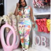 Women Summer Colorful Graffiti Alphabet Print Top And Pant Two Piece Set (Without Belt)