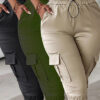 Women Summer Elastic Waist Casual Multi-Pocket Solid Capri Pants