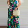 Women Summer Green Sexy Halter Sleeveless Floral Print Backless Holidays Long Dress