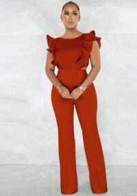 Women Summer Ruffle Round Neck Solid Jumpsuit