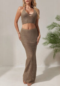 Women summer sexy hollow backless knitted suspender top and skirt two-piece set