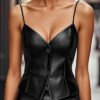 Women Summer Sexy Strapless V-Neck Top with Pu Leather Casual