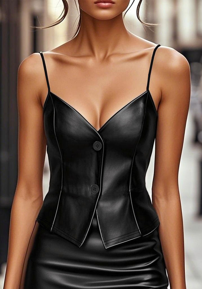 Women Summer Sexy Strapless V-Neck Top with Pu Leather Casual