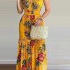 Women Summer Yellow Sexy Halter Sleeveless Floral Print Backless Holidays Long Dress