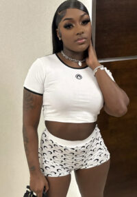 Women Trendy Moon Print Stretchy Sexy Basic Top and Shorts Two-piece Set