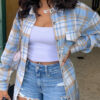Women Turndown Collar Button Plaid Pocket Long-Sleeved Shirt