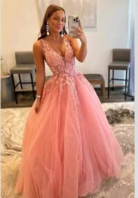 Women V Neckace Applique Formal Party Dress