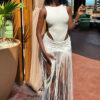 Women's Autumn Sleeveless Slim Fit Bodysuit Sexy Fringe Skirt Set