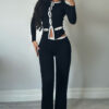 Women's Autumn Style Round Neck Button Contrast Color Long Sleeve Top & High-Waist Slim Fit Pants Set