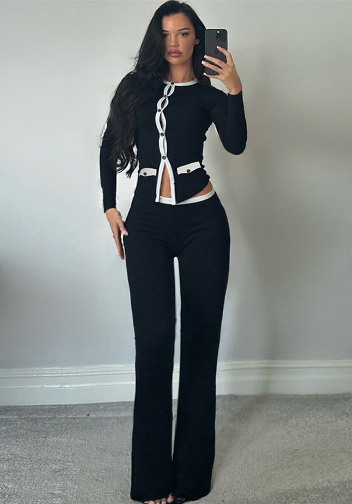 Women's Autumn Style Round Neck Button Contrast Color Long Sleeve Top & High-Waist Slim Fit Pants Set