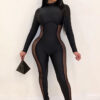 Women's Autumn Winter Sexy Tight Fitting Mesh Patchwork Long Sleeve Jumpsuit