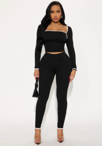 Women's Autumn Winter Solid Color Patchwork Color Block Trim Long Sleeve Top Slim Pants Set