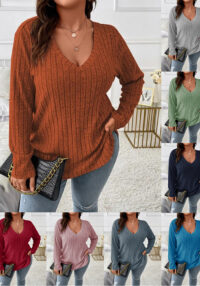 Women's Autumn Winter Solid Color Ribbed V-Neck Plus Size Pullover Top