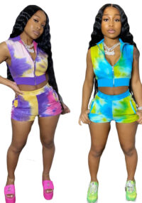 Women's Beaded Sleeveless Sexy Tie-Dye Two-Piece Shorts Set