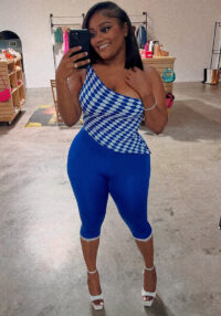 Women's Blue White Checkerboard One-Shoulder Top Tight Fitting Shorts Two-Piece Set