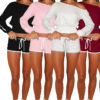 Women's Casual Slash Shoulder Long Sleeve Top Drawstring Shorts Two-Piece Set