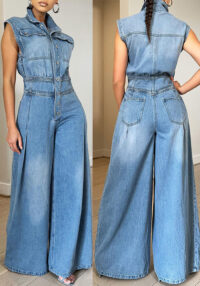 Women's Casual Sleeveless Denim Wide Leg Jumpsuit