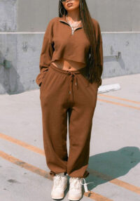 Women's Casual Sport Two-Piece Set Short Zipper Hoodie + Elastic Waist Pants