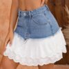 Women's Elegant Patchwork Irregular Lace Trim Multi-Layer Washed Denim Short (No Stretch)