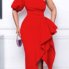 Women'S Elegant Solid Slash Shoulder Slit Ruffle Gown Sexy Dress