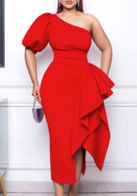 Women'S Elegant Solid Slash Shoulder Slit Ruffle Gown Sexy Dress