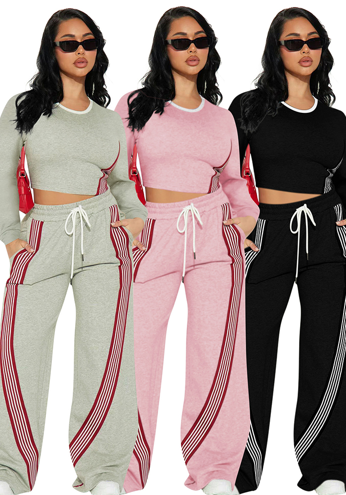 Women's Fashion Casual Long Sleeve Top & Side Striped Sporty Pants Two-Piece Set